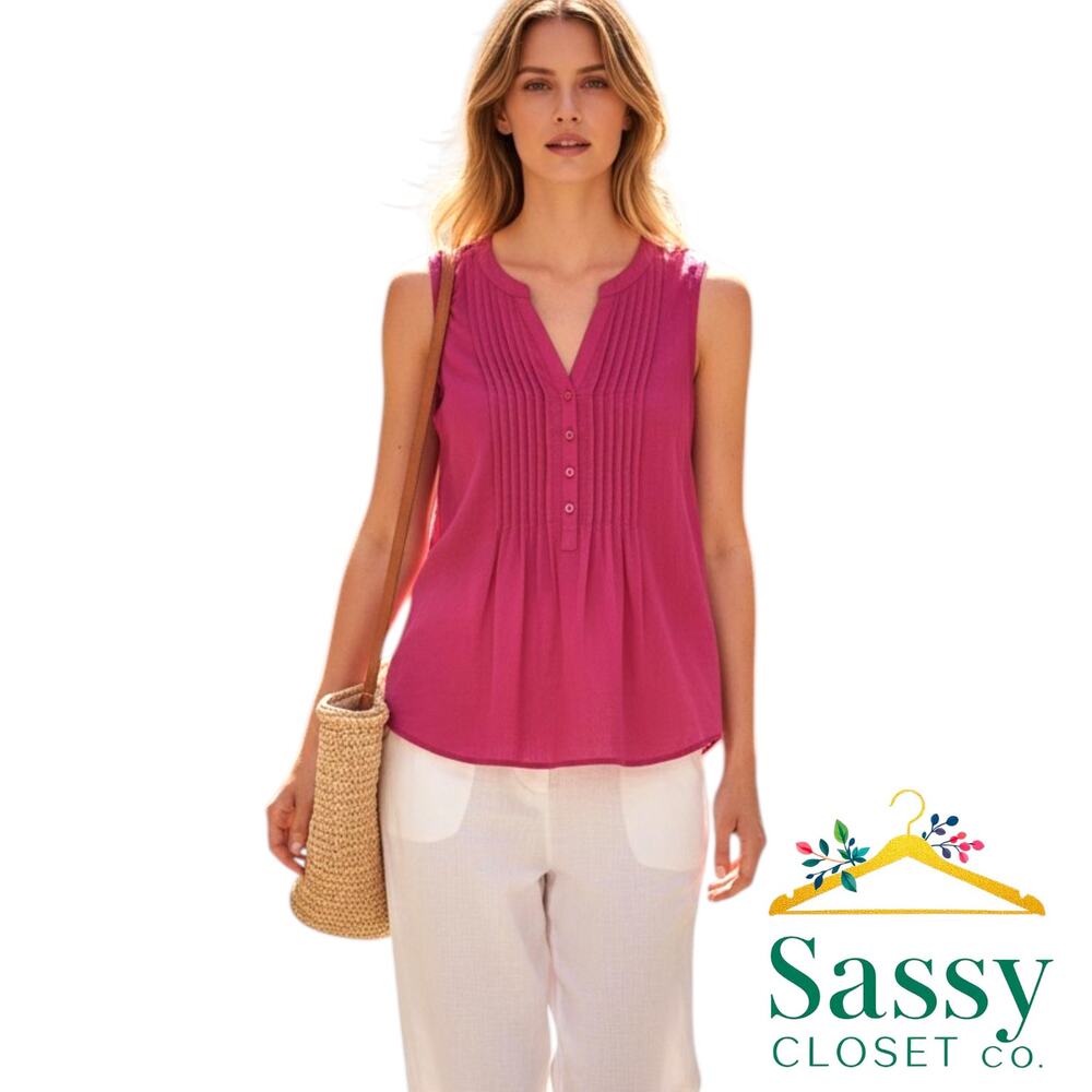 LOFT Pink Pleated V Neck Sleeveless Blouse XS Rayon Tank Top Resort EUC